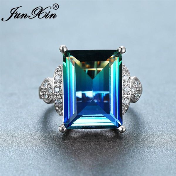 

wedding rings luxury rainbow fire crystal rectangle for women silver color gradient blue green red zircon stone bands gifts, Slivery;golden