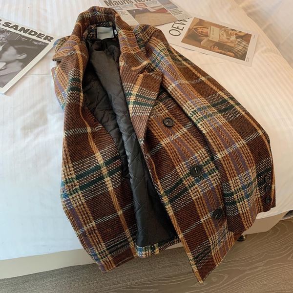 

women's wool & blends winter women dark brown plaid mid-long woolen coat casual warm fashion loose jacket, Black
