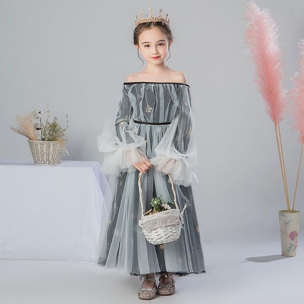 

girl's dresses flower girl illusion boat neck full sequined off the shoulder princess floor-length tulle lace gray kids party gown h654, Red;yellow