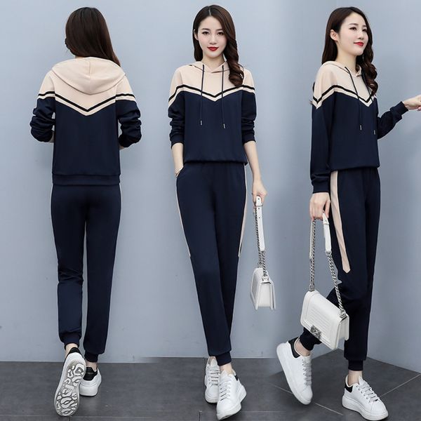 

2021 spring autumn new korean hooded stitching loose and slim, foreign style, age reducing leisure fashion suit, female, Gray