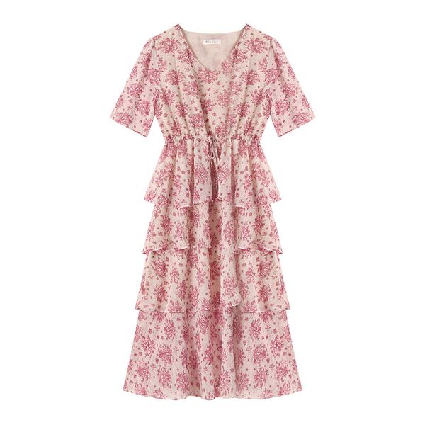 

pink purple floral print v neck empire lace-up bow chiffon half sleeve maxi long dress boho holiday summer d1477 210514, Black;gray