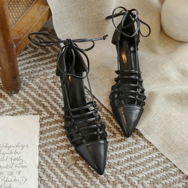 

women sandals cow leather rome style black color ankle strap pointed toe high heels beaches party dress