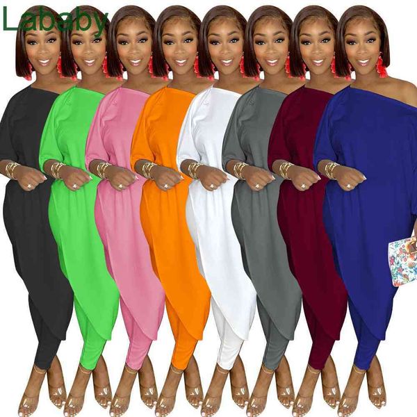 

women tracksuits two piece pants set designer outfits popular loose solid slant shoulder solid color sportwear 7 colours, White