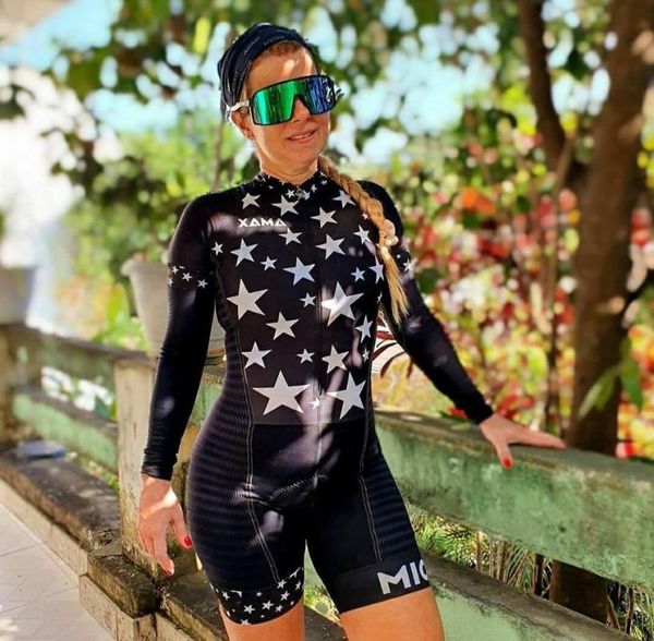 

racing sets 2021 women's long sleeve pro team triathlon suit cycling jersey skinsuit jumpsuit maillot ropa ciclismo set gel pad c22, Black;blue