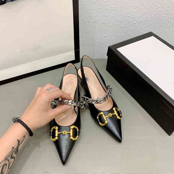 

brand french luxury girly style toe cap sandals female horsebit buckle back strap pointed shallow mouth cat heel chain, Black