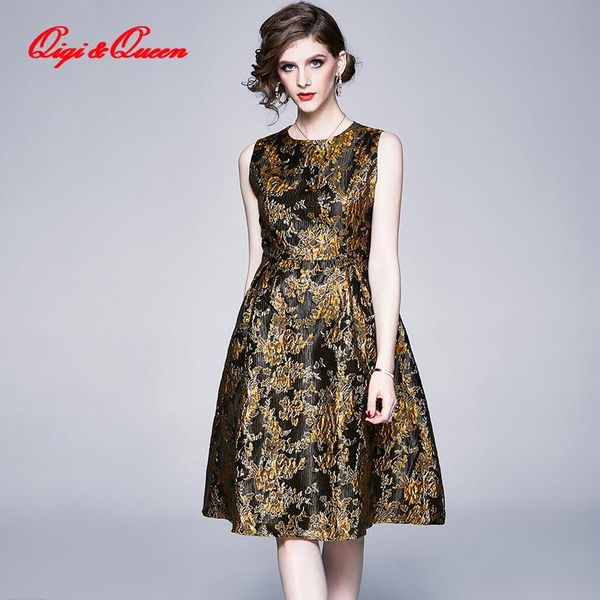 

casual dresses qiqi&queen arrival autumn vintage sleeveless jacquard dress slim a-line runway designer party o-neck knee-length vestidos, Black;gray