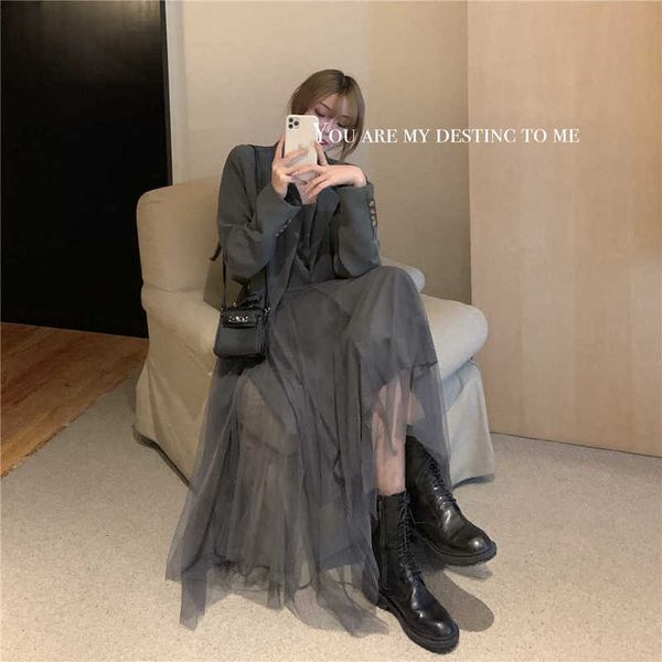 

autumn and winter 2021 large temperament suit coat irregular mh suspender skirt two piece set, Black;gray