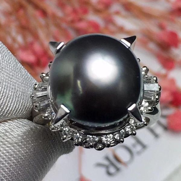 

cluster rings real pt900 100% nature diamonds and tahitian black pearl 12mm females' fine for women jewelry, Golden;silver