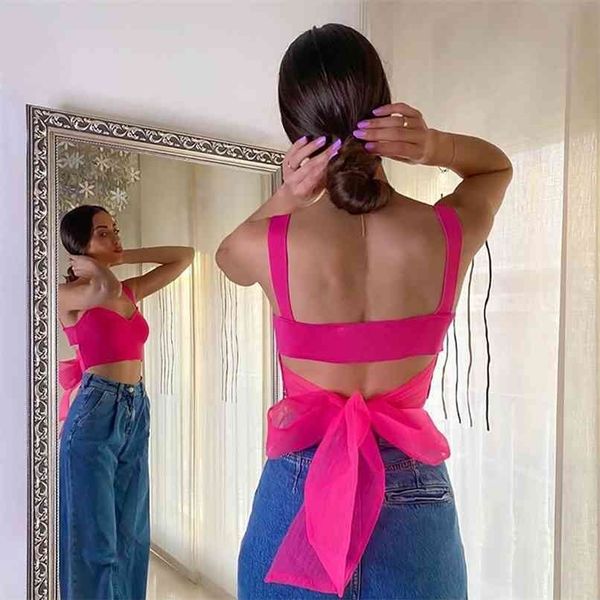 

vintage women pink tank summer fashion ladies elegant knitted bow female slim mesh sweet girls chic 210705, White