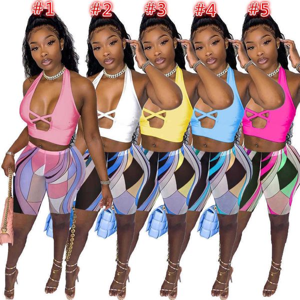 

2022 summer women tracksuits solid color two pieces vest shorts set outfits cross cut short pants jogger suits ladies sportwear, Gray