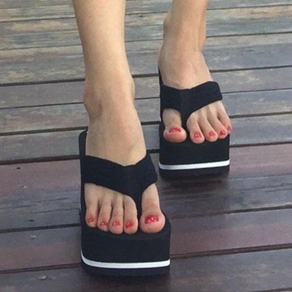 

women's platform flip flops wedges sandals high heels skidproof beach shoes slippers, Black