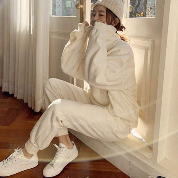 

women's two piece pants women winter casual plus velet tracksuit long sleeve turtleneck +high waist loose sweatpant 2 set fashion outfi, White