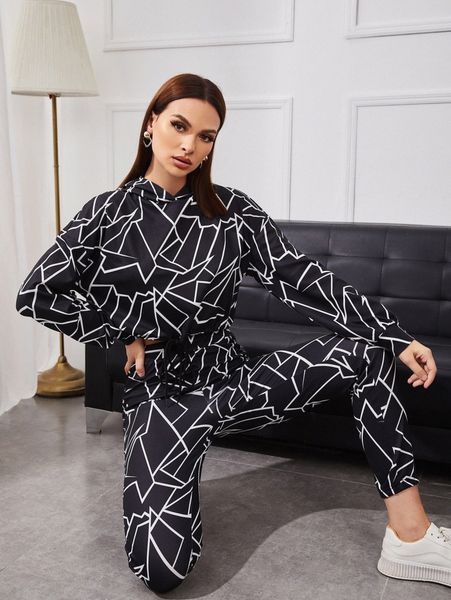 

geo print drawstring hem hoodie & pants f0fr#, White