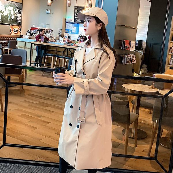

women's trench coats autumn double breasted long trend casual sleeve loose outwear oversize, Tan;black