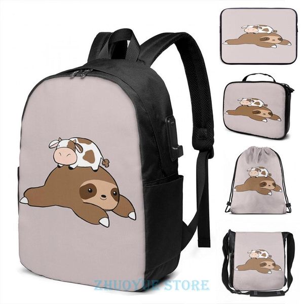 

backpack funny graphic print sloth and tiny cow usb charge men school bags women bag travel laptop