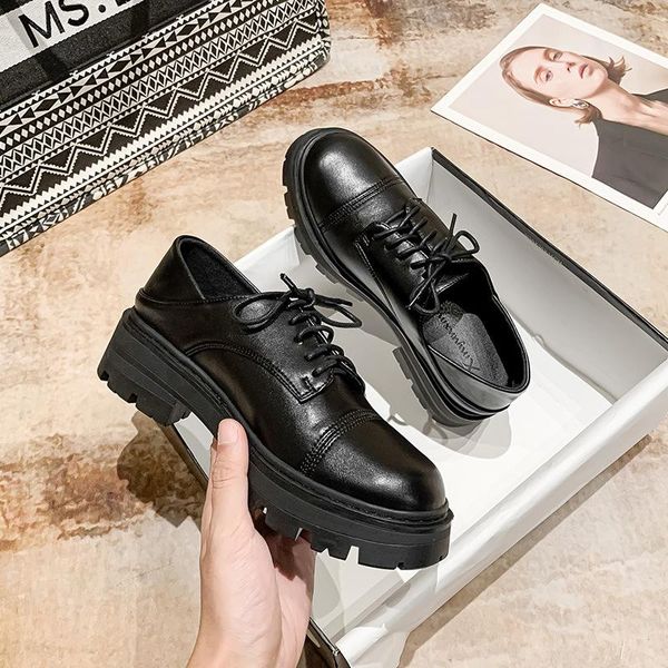 

dress shoes small leather women's2021 slip-on british style grandma thick bottom loafers soft pumps women, Black