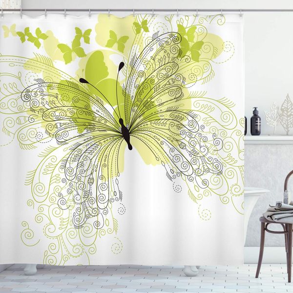 

flower shower curtain, arrtistic ornate butterflies spring park romantic love anniversary, cloth fabric bathroom decor set with
