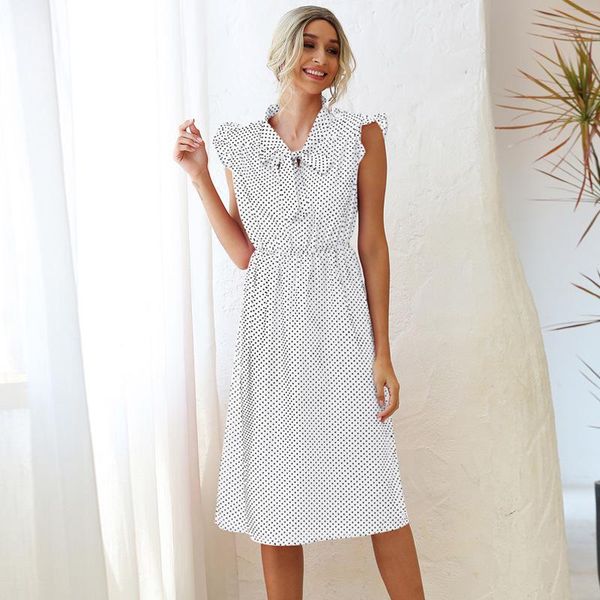 

summer women's casual long dress v-neck tie bow polka dot waist cotton mid-length dresses, Black;gray