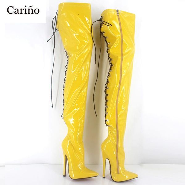 

boots fashion pointed toe 18 cm super high heel patent leather cross-tied over the knee for 36-46 drop, Black