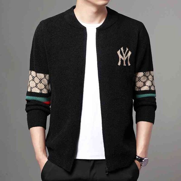 

2021 autumn winter new knitted cardigan baseball collar zipper jacquard casual loose jacket men's coat, Black