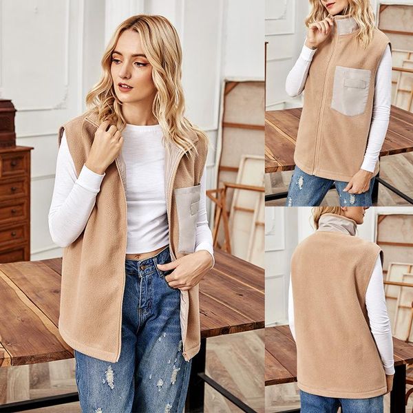 

women's vests autumn jacket simple loose sleeveless cardigan with pockets fashion zipper vest, Black;white