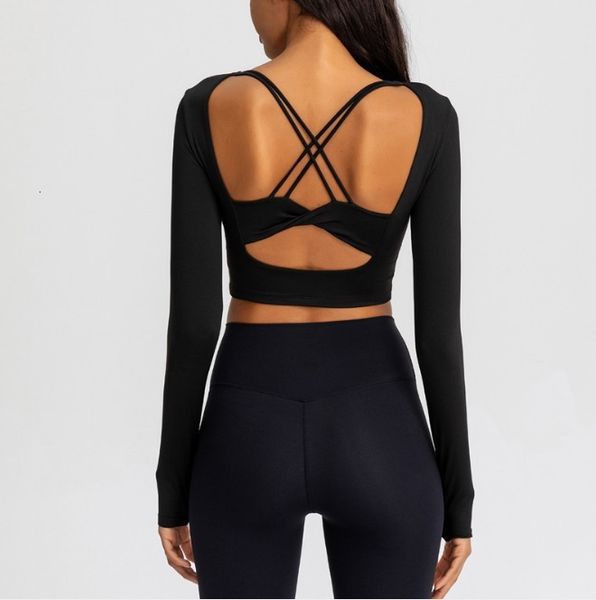 

women's t-shirt beautiful back hollow out sports long sleeve women's elastic quick drying yoga cloth running tight t-shirt fitns t, White