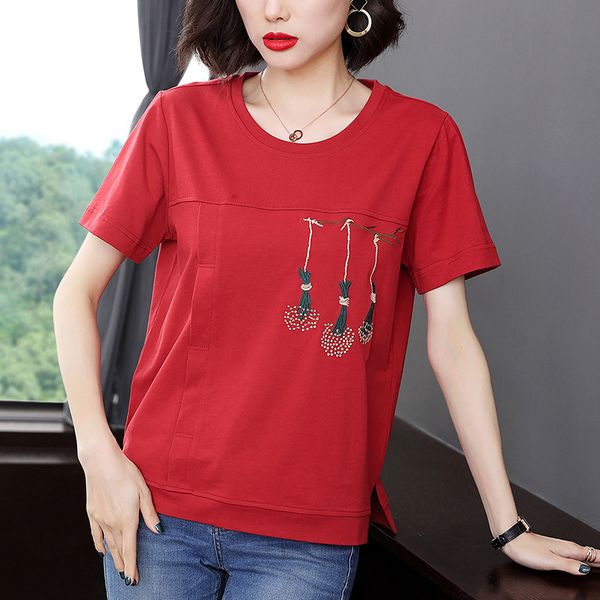 

women's t-shirt female embroidered shinmind t-shirt, cotton t-shirt with red vegetable flowers, fashion summer t-shirts korean clothes, White