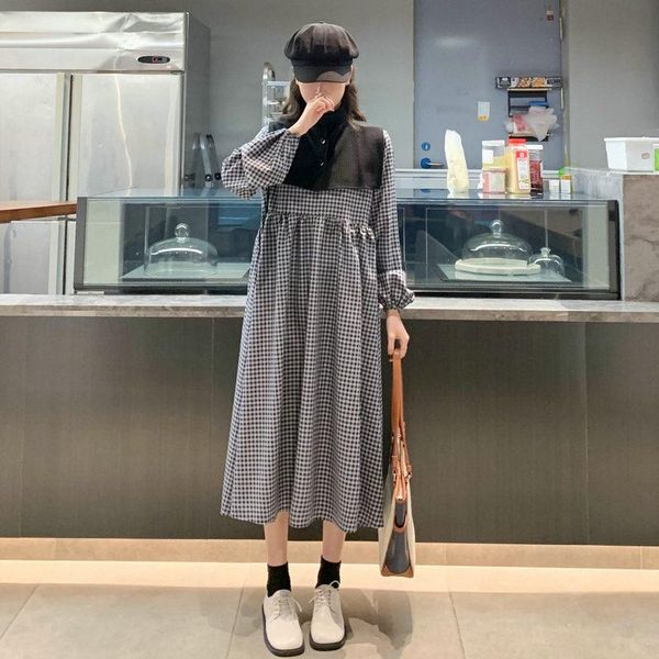 

casual dresses korean style women autumn black white gingham with scarf design calf length long sleeve cotton checked dress 2021, Black;gray