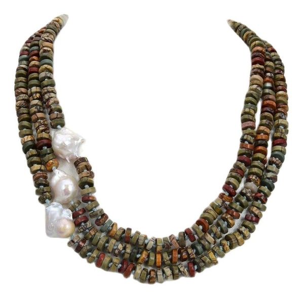 

chokers jk 22" 3rows cultured white keshi pearl multi color red creek jaspers necklace, Golden;silver