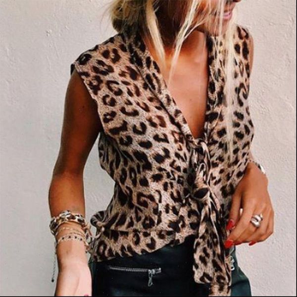 

summer leopard print v neck women shirt bow sleeveless tank vest, White
