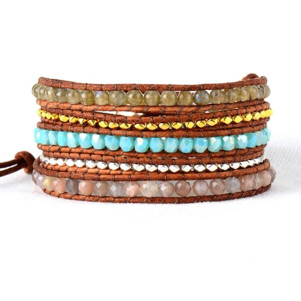 

tennis women beads leather bracelet unique natural stones 5 strands woven wrap bracelets handmade bohemian dropship, Golden;silver
