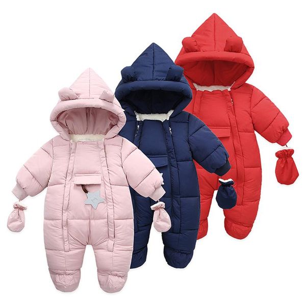 

jumpsuits baby girls boys winter warm thermal clothes set long sleeve hooded romper overalls with decorative star and gloves, Blue