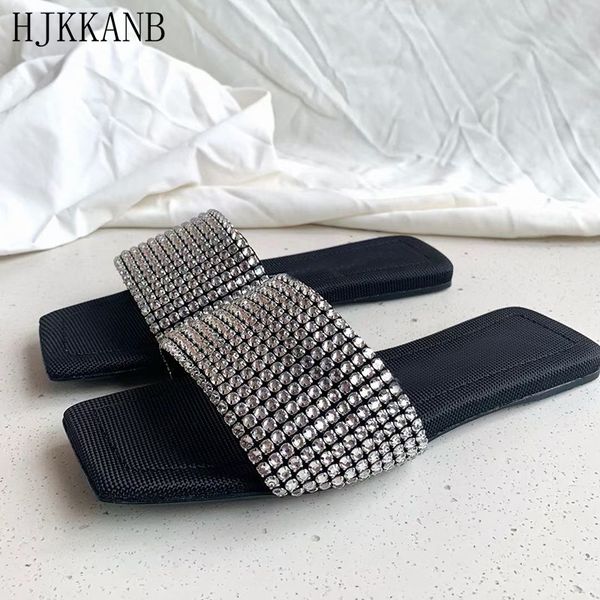 

black square toe crystals runway slippers women summer luxury rhinestone decor cozy cloth insole flat slides beach shoes 80% off outlet onli