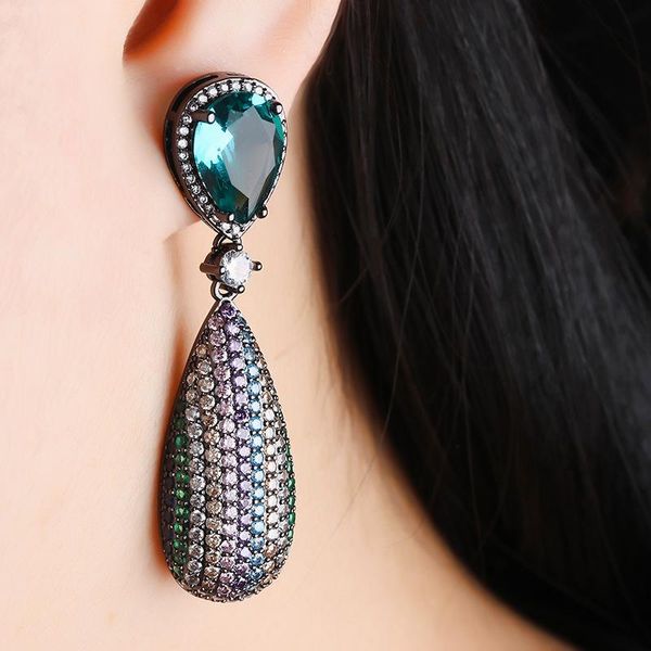 

stud blue big droping earrings full mirco paved zirconia stone luxury long pendant boho for women party jewelry accessories, Golden;silver