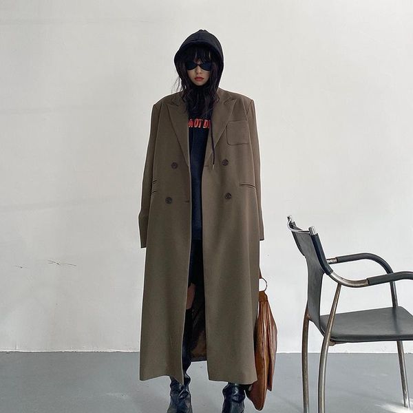 

women's trench coats [ewq] korea chictrench coat autumn 2021 laple loose double breasted long sleeve blazer jacket female fashion 16r47, Tan;black