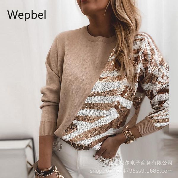 

women's sweaters wepbel patchwork beads women long sleeve o-neck jumpers solid color loose autumn pullovers stitching female sweater, White;black