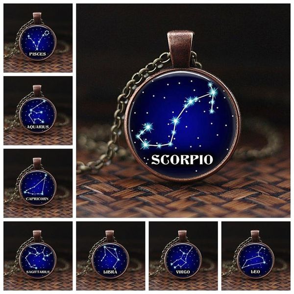 

12 constellation scorpio sagittarius capricorn aquarius pendant silver color necklace glass dome zodiac jewelry for women gift