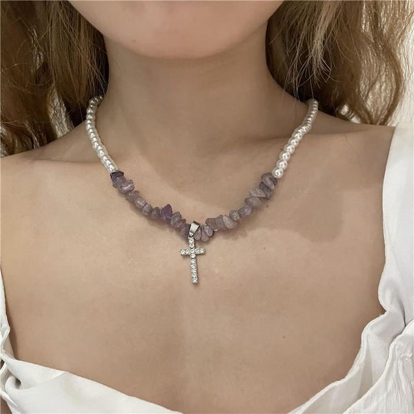 

pendant necklaces vintage elegant shiny crystal cross necklace for women birthday gift korean fashion pearl chains chokers jewelry party, Silver
