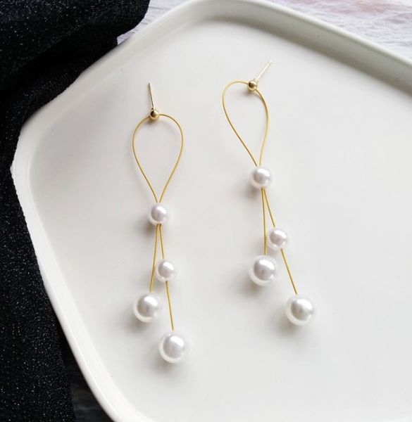 

s925 silver needle beautiful trendy chandelier simple line pearl tassel earrings