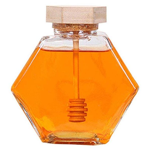 

220ml/380ml hexagonal glass honey bottle with wooden stirring rod e7cb wine glasses