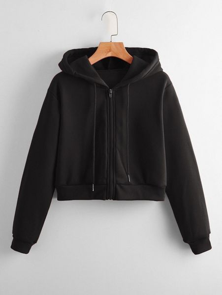 

solid zip up drawstring crop hoodie b8il#, White;black