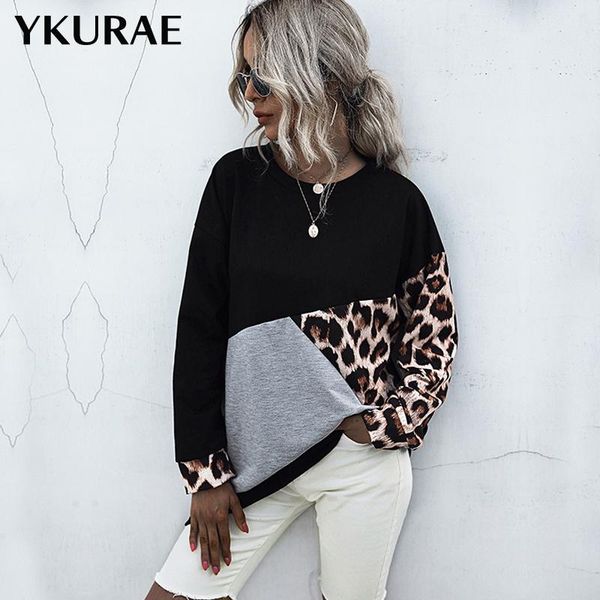 

women's hoodies & sweatshirts women female fashion leopard stitching pullovers autumn casual patchwork winter oversize streetwear lazy, Black