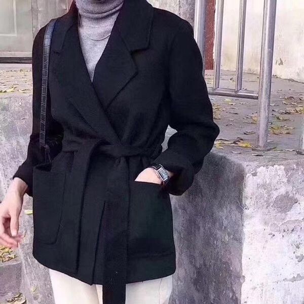 

women's wool & blends 2021 spring double-sided cashmere coat tweed belt hair off-season sale, Black