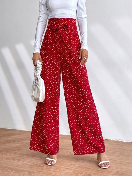 

high waist polka dot knot front wide leg pants k3uz#, Black;white