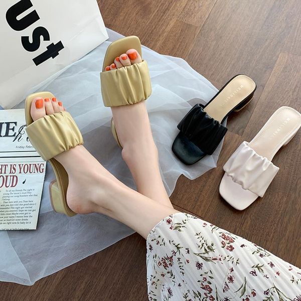 

weibate 3cm square heels slides women square toe pleated leather mules slippers women outside sippers shoes ladies elegant shoes, Black