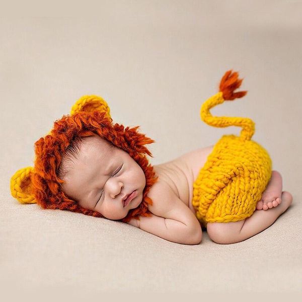 

cute lion design costume crochet knitted born boy girl pography po props animal infant hat with pants caps & hats, Yellow