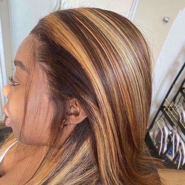 

lace wigs l3/27 highlight straight wig 250% 13x6x1 t part front human hair for black women, Black;brown