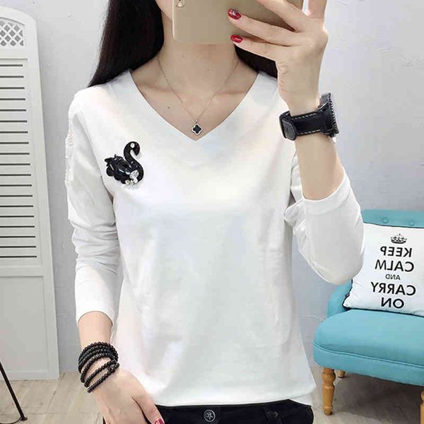 

women's t-shirt shintimes vogue diamonds women hollow out ops shirt long sleeve slim s woman clothes ee femme x86h, White
