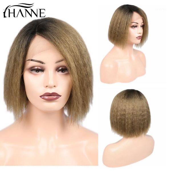 

kinky straight human hair short bob wigs ombre 1b-brown color yaki wig l part lace front for black women 150% density1, Black;brown
