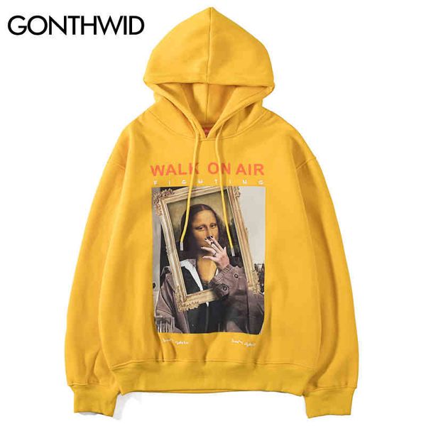

gonthwid funny mona lisa smoking print fce hoodi pullover hooded sweatshirts harajuku hip hop streetwear hoodie casual, Black